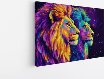 Saammp Canvas Schilderij - Twee Abstracte Leeuwen - Dieren - Natuur - 45x30 - Foto op canvas - Wanddecoratie - Muurdecoratie Woonkamer - Slaapkamer decoratie - Canvas Print
