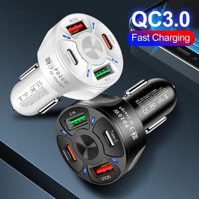 1 chargeur de voiture rond double USB C à charge rapide USB Type C chargeur rapide PD QC3.0 pour iPhone Samsung Xiaomi adaptateur de chargeur de téléphone de voiture HMM no box blanc