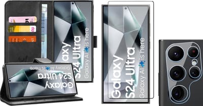 Hoesje geschikt voor Samsung Galaxy S24 Ultra - Screenprotector Volledig Dekkend Glas & Camera - Portemonnee Book Case Zwart