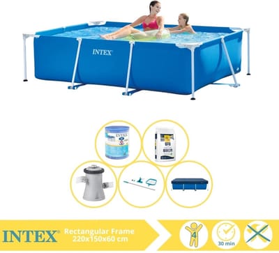 Intex Rechthoekig Frame Zwembad - 220 x 150 x 60 cm - Blauw - Inclusief Afdekzeil - Zwembadfilterpomp - Filter - Schoonmaakset - Zoutwatersysteem - Zwembadzout - 7-delig