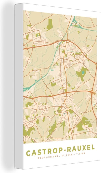 Canvas Schilderij Plattegrond - Castrop-Rauxel - Kaart - Stadskaart - Vintage - 20x30 cm - Wanddecoratie