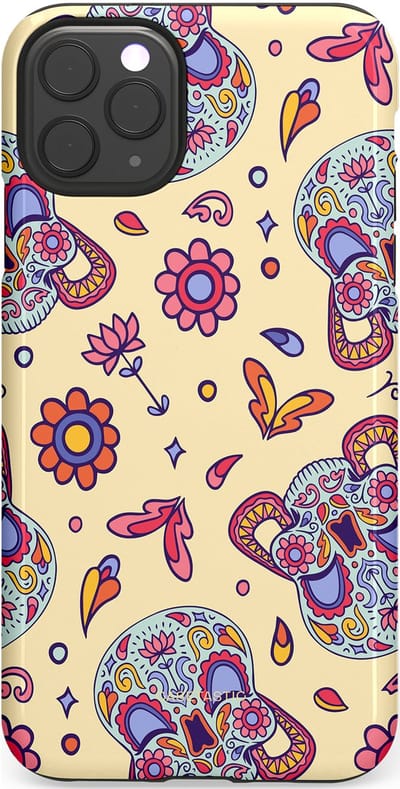 Casetastic hoesje geschikt voor Apple iPhone 11 Pro Max - Dubbellaagse bescherming - Dia de los Muertos Doodshoofd Bloemen - Fashion Case - Crème Lila Zilver