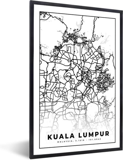 Fotolijst incl. Poster Zwart Wit- Kuala Lumpur - Kaart - Stadskaart - Plattegrond - Zwart Wit - 40x60 cm - Posterlijst