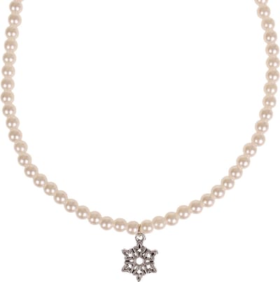 Parelketting in kindermaat - ivoorkleurige imitatieparels 6mm - Hangertje sneeuwvlokje zilverkleurig 1,2cm