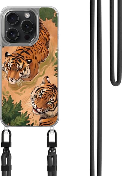Hoesje met koord geschikt voor iPhone 13 Pro - Wild tigers - Inclusief zwart koord - Crossbody beschermhoes - Transparant, Oranje - Mooie Telefoonhoesjes