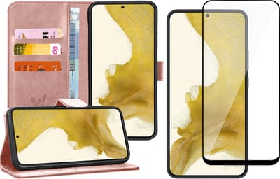 Hoesje geschikt voor Samsung Galaxy S22 Plus - Book Case Kunstleer Wallet Cover Portemonnee Pasjeshouder Hoes Roségoud - Full Tempered Glass Screenprotector
