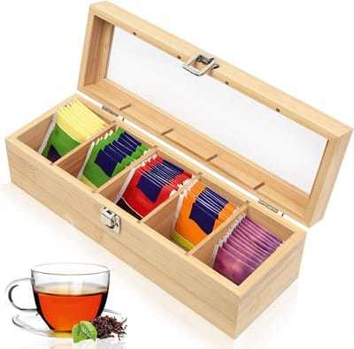Houten Theedoos Organizer met Compartimenten, Ideaal voor Theezakjes, Koffie en Keukenopslag, 30x10x9cm