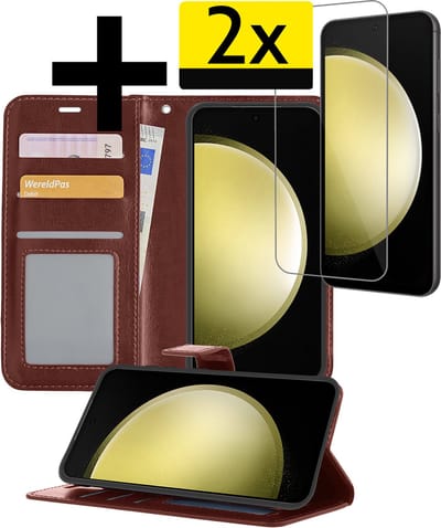 Hoesje - Met 2x Screenprotector - Geschikt voor Samsung Galaxy S23 FE - Luxe Pasjeshouder - Bookcase Portemonee - Flip Case - Kunstleer Book Case - Flipcase Hoes - Book Cover - Walletcase - Portemonneehoes - Telefoonhoesjes - Bruin