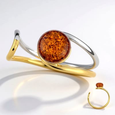 Cavill - Zilveren Ring 925 Sterling Verguld - Cognac Baltische Barnsteen 1 ct Ronde Cabochon - Moderne Open Design Bezel - Stijlvol & Elegant