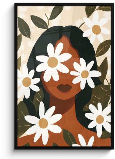 Poster in lijst - Fotolijst 80x120 cm - Posters - Illustratie - Vrouw - Madeliefjes - Wit - Posterlijst zwart - Decoratie - Wanddecoratie woonkamer - Muurdecoratie slaapkamer