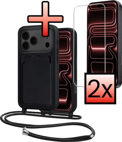 Hoes Geschikt voor iPhone 17 Pro Max Hoesje Pasjeshouder Cover Met Koord Case Siliconen Hoes Met Telefoonkoord en Kaarthouder Met 2x Screenprotector - Zwart