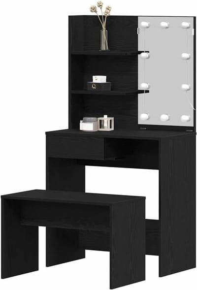 Kaptafel Set - Make-up Tafel - Schoonheidsroutine - Geïntegreerde LED spiegel - 74.5 x 40 x 141 cm - Zwart Eiken