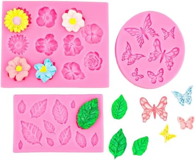 Bakvorm - Fondantvormen - 3 stuks - Taartvormen - Bloem-, blad- en vlindervormen - Siliconen - Fondant en chocolade - Taartdecoraties - DIY - Bakvormen - Roze