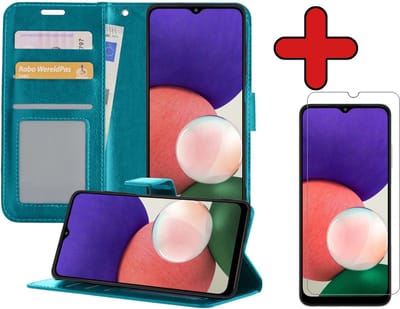 Hoesje - Met Screenprotector - Geschikt voor Samsung Galaxy M22 - Luxe Pasjeshouder - Flipcase - Bookcase Portemonee - Flip Case - Kunstleer Book Case - Book Cover - Walletcase - Portemonneehoes - Telefoonhoes - Turquoise