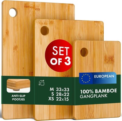 PromoHome Bamboe Snijplanken Set van 3 - Duurzame Hakplanken met Antislip en Ophangmogelijkheid - Keukenaccessoires van 100% Bamboe met Siliconen Voeten