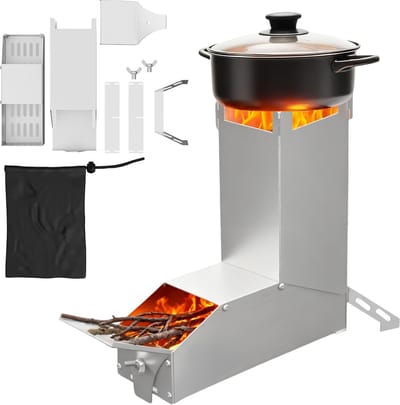 Zilver Stalen Raketoven, Outdoor Houtkachel met Afneembaar Bovenstaand Gemonteerd Dwarsframe voor Droge Potten, Campingbarbecues En Soeppanten, Draagbare Raketkooktoestel Voor Camping, Strand, Tuin