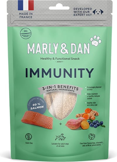 MARLY & DAN hondensnack 80 gr healty&functional snack -jerky - IMMUNITY 3-in-1 benefiets - 60% ZALM - gezonde vacht en huid - granen-vrij - vrij van smaak, kleur en kunstmatige bewaarmiddelen