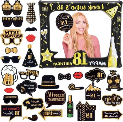 18e Verjaardag Fotoprops, 33 Stuks Inclusief Opblaasbare Fotolijst en Accessoires voor Feestdecoratie, Perfect voor Mannen en Vrouwen