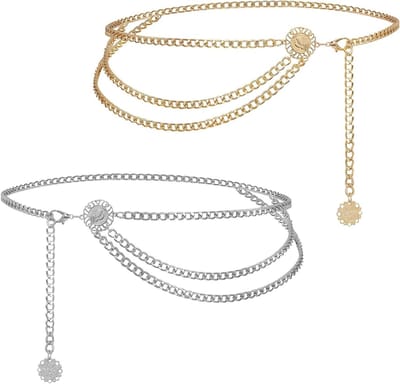 Verstelbare Tailleketting voor Dames, 90 cm Metalen Riem voor Piratenkostuums, Buikketting en Tailleband in Zilver en Goud
