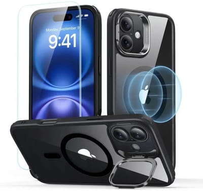 ESR Classic Hybrid HaloLock Hoesje Geschikt voor Apple iPhone 16 - Met Screenprotector - Compatibel met MagSafe - Back Cover met Standaard - Camera Kickstand - Gehard Glas - Transparant Zwart