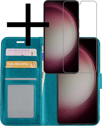Hoesje - Met Screenprotector - Geschikt voor Samsung Galaxy S23 - Luxe Pasjeshouder - Bookcase Portemonee - Flip Case - Kunstleer Book Case - Flipcase - Book Cover - Walletcase - Portemonneehoes - Turquoise