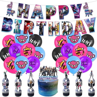 Mooie Fortnite Schietspel Verjaardagsfeest Decoratie Benodigdheden Verjaardagsbanner Taart Decoratie 24 Cupcake Decoraties 18 Ballonnen Achtergrond