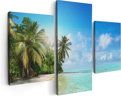 Artaza Canvas Schilderij Drieluik Tropisch Strand Bij De Licht Blauwe Zee - 90x60 cm - Wanddecoratie Woonkamer - Schilderijen - Muurdecoratie