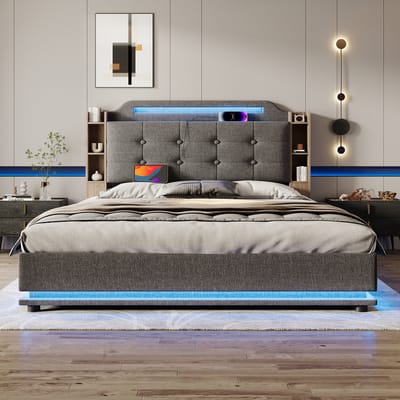Gestoffeerd bed - 140x200 cm - met LED-verlichting - opbergruimte - zonder matras - met USB TYPE-C - linnengoed - grijs