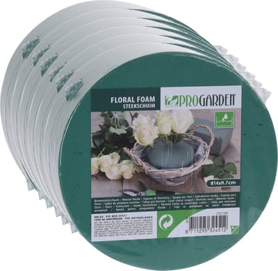 Pro Garden Steekschuim - 6x stuks - nat - rond - groen - D14 x H7 cm - geschikt voor echte bloemen - floral foam oase blok