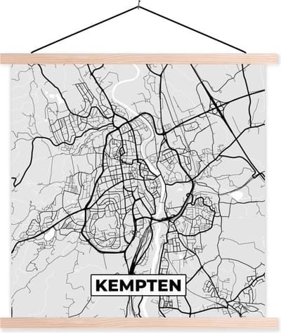 Posterhanger incl. Poster 40x40 cm - Schoolplaat - Stadskaart - Plattegrond - Kempten - Kaart - Duitsland - Textielposter - Blanke latten - Stadskaart