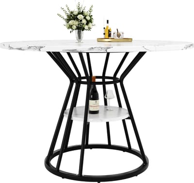 Ronde eettafel - 1 stuk - keukentafel - ontbijttafel - metalen tafelpoten - marmerprint - zwart