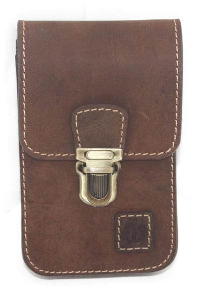 OI Hunter bruin lederen riemtasje voor kleine mobiele telefoon small / verticaal telefoontasje met schuifslotje / tasje voor op buik of heup / compact tasje om aan de riem te dragen / geheel van bruin rundsleder / 320H
