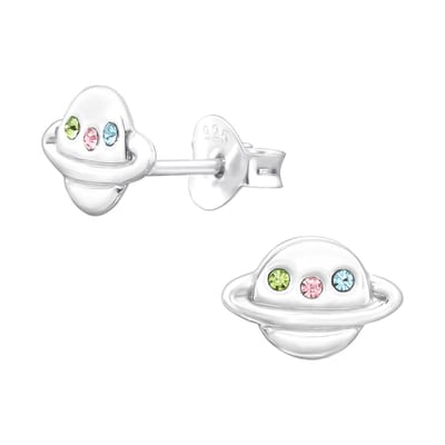 Joy|S - Zilveren planeet oorbellen - saturnus - 9 x 6 mm - zilver met kristal
