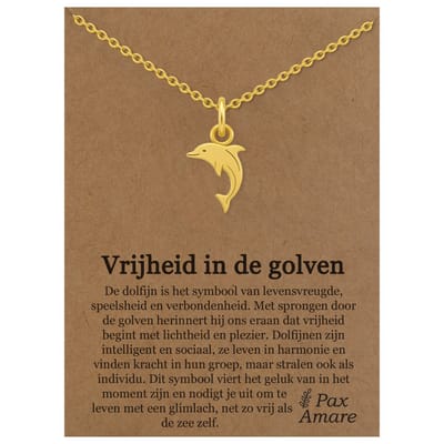 Stainless Steel Dolfijn Ketting op Cadeau Kaartje Goudkleurig - "Vrijheid in de golven" - "45cm + 5cm Verstelbaar Roestvrij Staal - Schattige Cadeau Hanger - Pax Amare