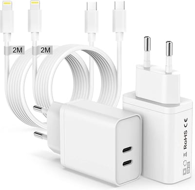 Dubbele usb C Oplader + Oplaadkabel geschikt voor iPhone - 2 Meter - Lightning naar usb-C - 35w Snellader - Dubbele usb C Stekker - Oplader geschikt voor iPad 2017 t/m 2021 - Usb C Adapter