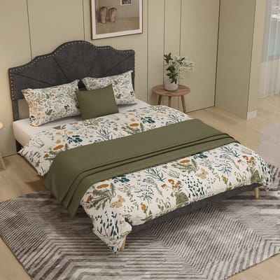 REDOM gestoffeerd bedframe 160x200 cm – Stof + metaal grijs – Geometrisch hoofdbord met siernagels – Lattenbodem – 2 pakketten