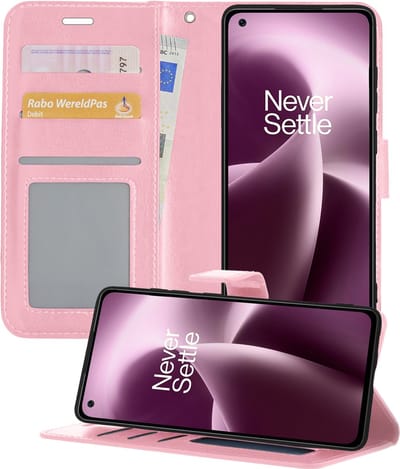 Hoesje - Met Pasjeshouder - Geschikt voor OnePlus Nord 2T - Luxe Bookcase Portemonee - Flip Case - Kunstleer Book Case - Flipcase - Book Cover - Walletcase - Portemonneehoes - Telefoonhoesjes - Lichtroze
