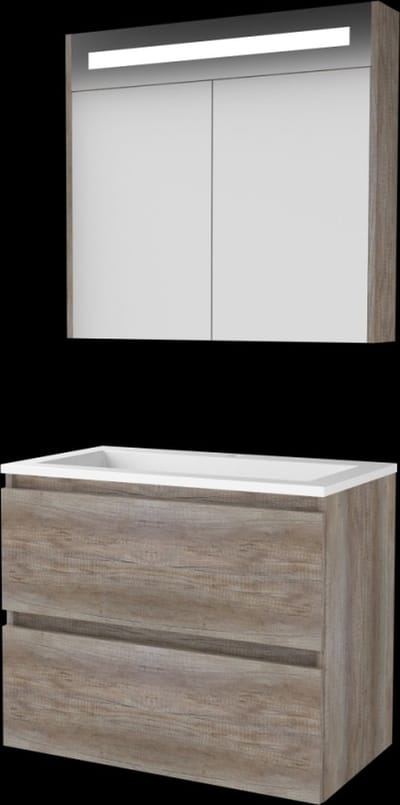 Basic Premium 46 badmeubelset met spiegelkast met geïntegreerde LED verlichting, greeploze wastafelonderkast met 2 lades en acryl wastafel met 1