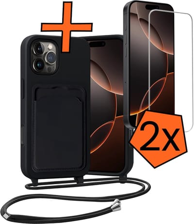 Hoesje Geschikt voor iPhone 16 Pro Max Hoesje Met Telefoonketting Pasjeshouder Case Met 2x Screenprotector Koord - Hoesje Geschikt voor iPhone 16 Pro Max Hoes Met Kaarthouder - Zwart