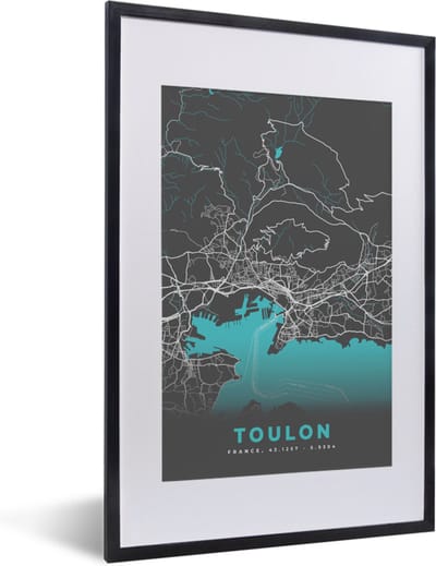 Fotolijst incl. Poster - Toulon - Kaart - Frankrijk - Stadskaart - Plattegrond - 40x60 cm - Posterlijst