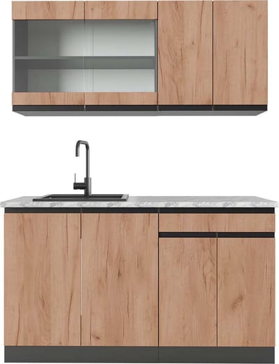 Vicco R-Line Eenpersoonskeuken – 140 cm, WB Marmer Eik goud/antraciet
