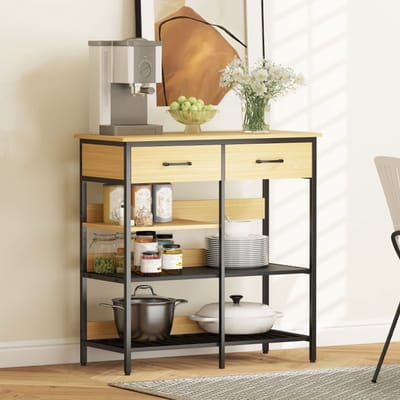 Wishdor Dressoir - 2 Laden En 3 Open Vakken - Industrieel - Hout - Naturel Hout - 90 X 40 X 91 Cm