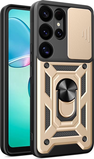 MobyDefend Hoesje - Geschikt voor Samsung Galaxy S25 Ultra - Pantsercase Met Draaibare Ring - Goud