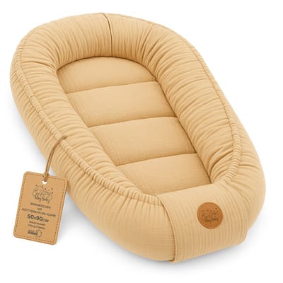 Mousseline Babynestje Bedverkleiner 90x50 cm - Draagbaar Katoen Wieg Pod Co Sleeper Cocoon Ademend Reis Lichtgewicht Moses Uniseks Ideaal voor Jongens Meisjes Beige