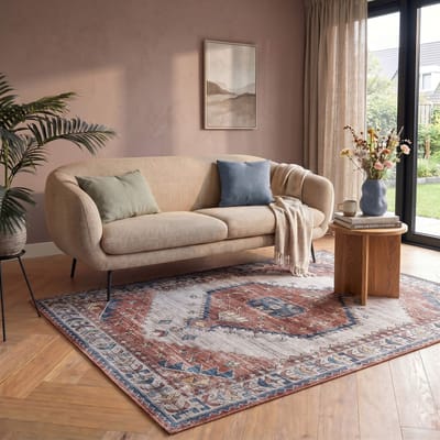 Flycarpets Burano Vintage Vloerkleed - Terra / Blauw - Laagpolig Tapijt Loper - 80x150 cm