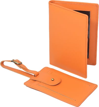 Lederen paspoorthoes en kofferlabel oranje - oranje luxe set paspoort hoesje en bagage label van leer - STUDIO Ivana van der Ende
