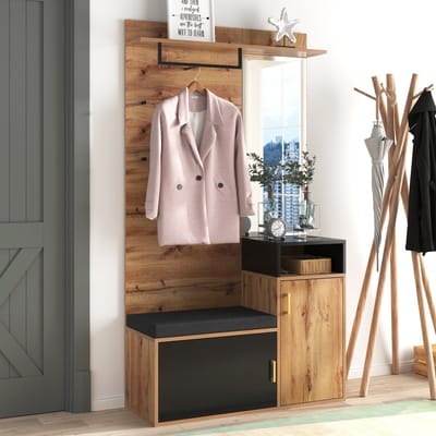 STILVORA Garderobeset - Halmeubel Met Spiegel En Zitbank - 4 Haken, Schoenenruimte Voor Entree - Spaanplaat/MDF - 105x40x191,5 Cm - Zwart+Notenbruin