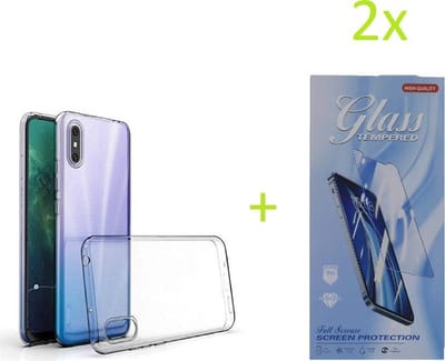 Hoesje Geschikt voor: Xiaomi Redmi 9A / Xiaomi Redmi 9AT Transparant TPU Silicone Soft Case + 2X Tempered Glass Screenprotector