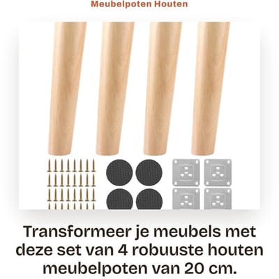 Dailygoods- Meubelpoten 20 cm - Houten Poten - Set van 4 - Ronde Poten - Montageplaten - Robuuste Eiken Poten - Tafelpoten