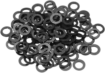 Platte nylon sluitringen M6, 125 stuks, 6 mm boring, 10 mm buitendiameter, afdichting voor schroeven, flenzen en buizen, zwart kunststof afstandhouder